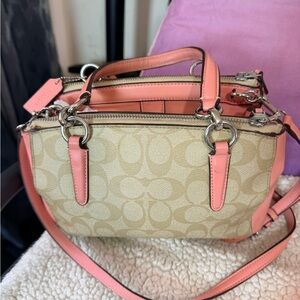 Coach Signature Beige and Coral Satchel